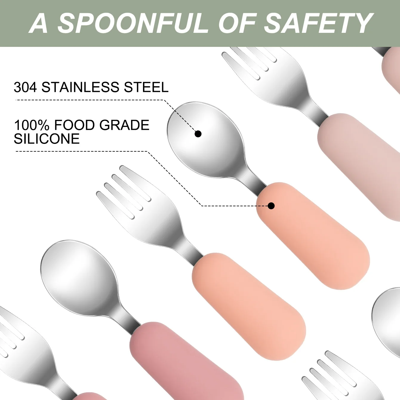 Juego de utensilios de alimentación infantil de acero inoxidable, mango de silicona, agarre antideslizante, cubiertos seguros de calidad alimentaria para niños pequeños, 2 uds. - imagen 4