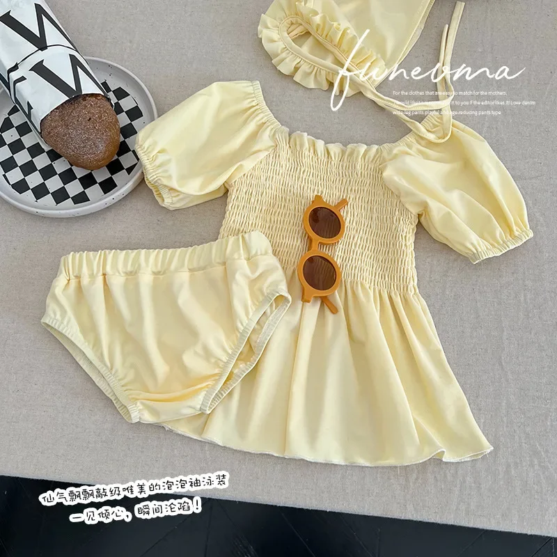 Conjunto de traje de baño sencillo y bonito de moda coreana para niños y niñas, traje de baño de Color café Beige para bebés, ropa de playa para jugar al verano, 3 uds. - imagen 3
