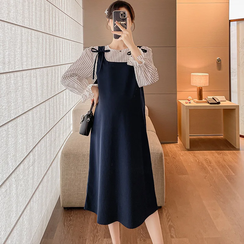 Otoño largo mujeres embarazadas vestido plisado cuello Peter Pan manga larga botón mosca maternidad vestido de lactancia camisas de lactancia - imagen 4