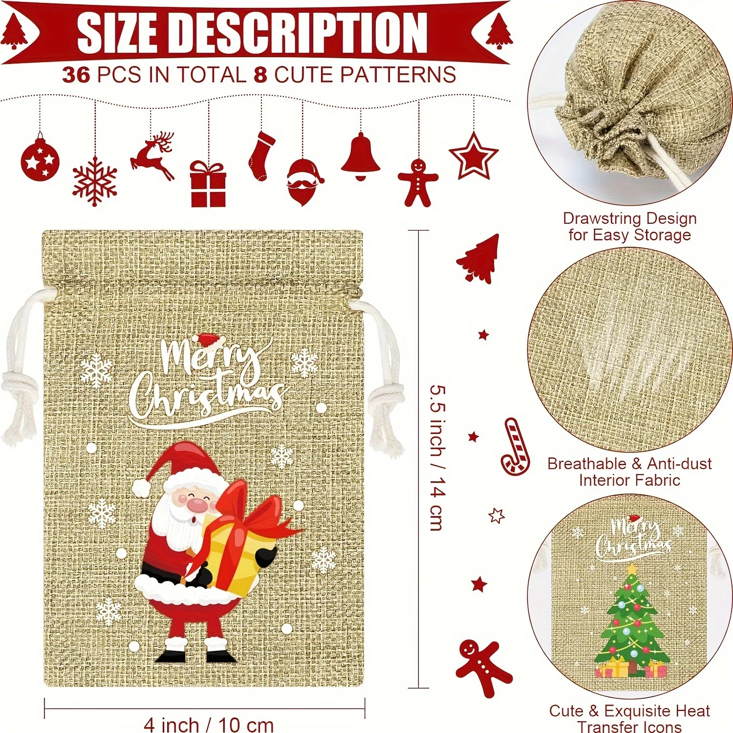 Bolsa de regalo de dulces de Navidad, bolsas de yute Natural con patrones de Papá Noel, bolsa con cordón de arpillera, embalaje de joyería, bolsa de regalo para fiesta, 12 Uds. - imagen 4