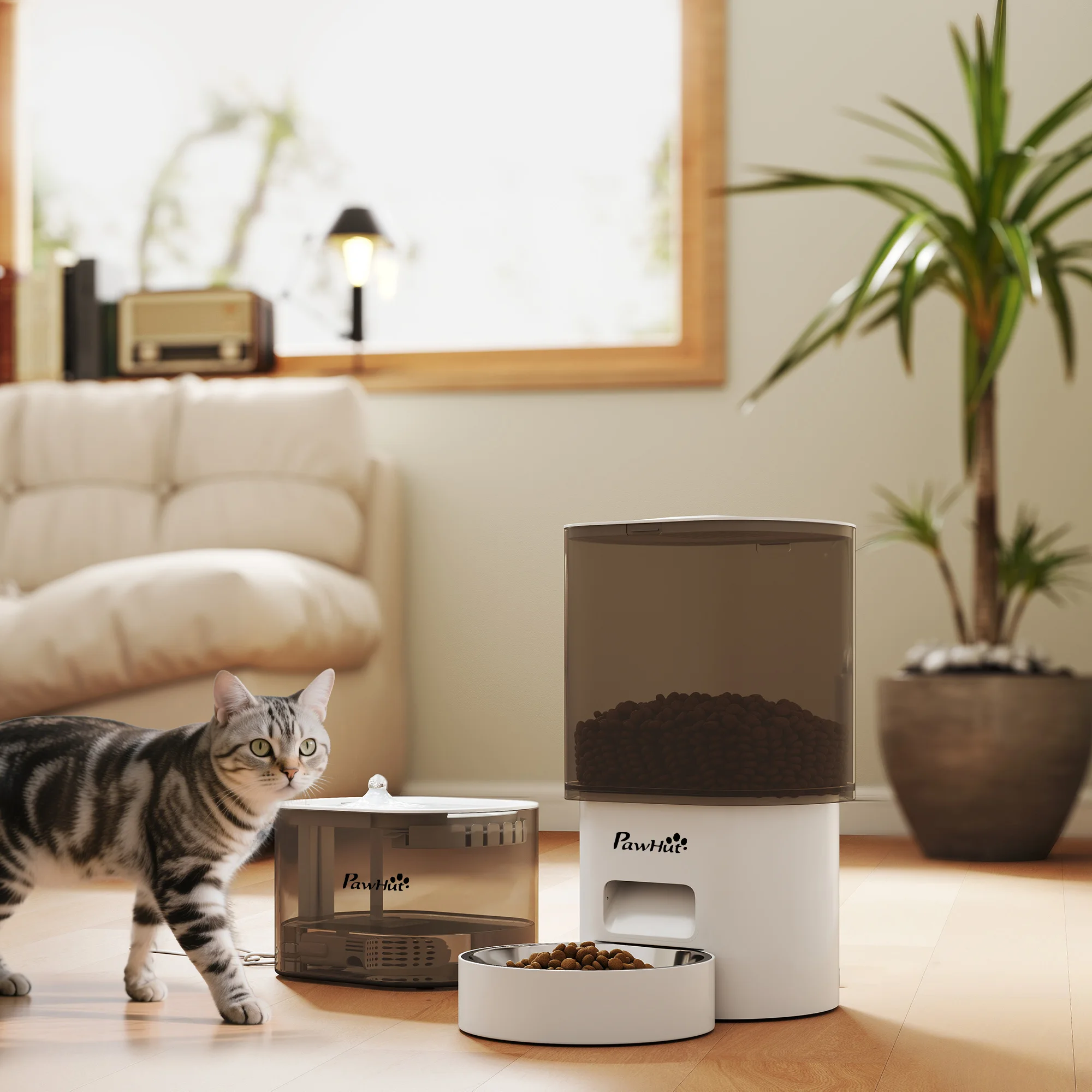 PawHut Comedero Gato Automático Dispensador Comida Gatos Perros de 3L con Control de App 1-10 Comidas al Día Filtros y Luz LED Juego de Comedero y Bebedero Automático Silencioso con Cable USB o Pilas