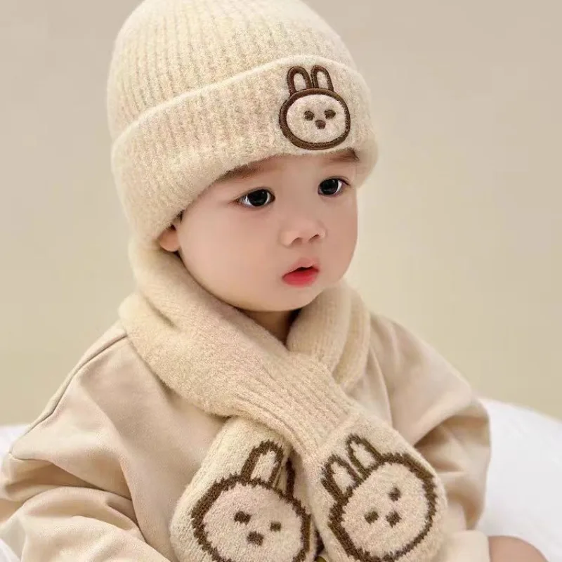 Lindo conjunto de gorro de estilo coreano para bebé de invierno: gorro y bufanda de punto de conejito unisex, gorros cálidos para clima frío para otoño e invierno. - imagen 2