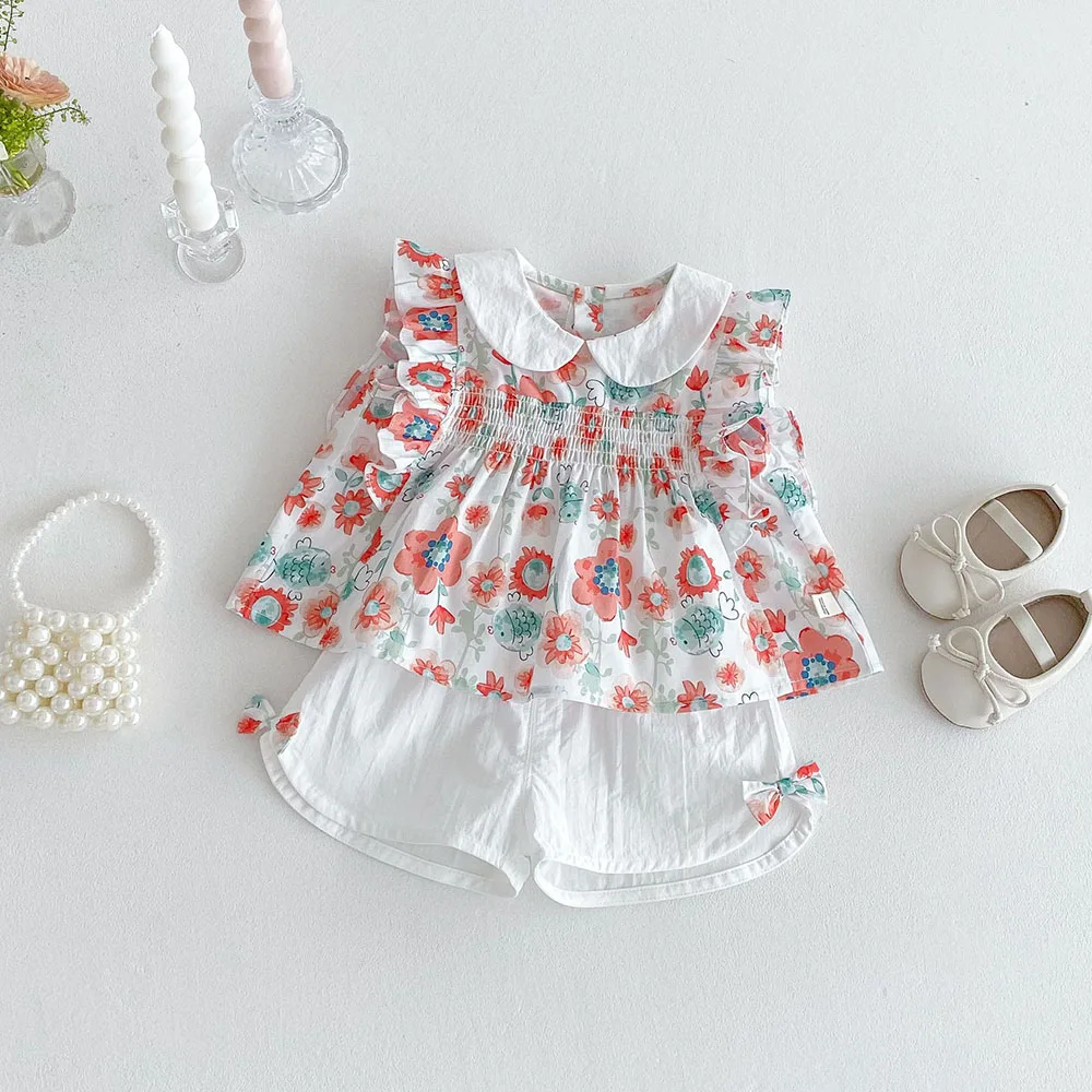 Nueva camiseta Floral de estilo coreano para niños de verano + pantalones cortos, conjunto de 2 piezas para niñas, traje de moda para bebés