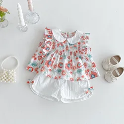 Conjunto infantil: camiseta floral coreana para niñas y shorts verano