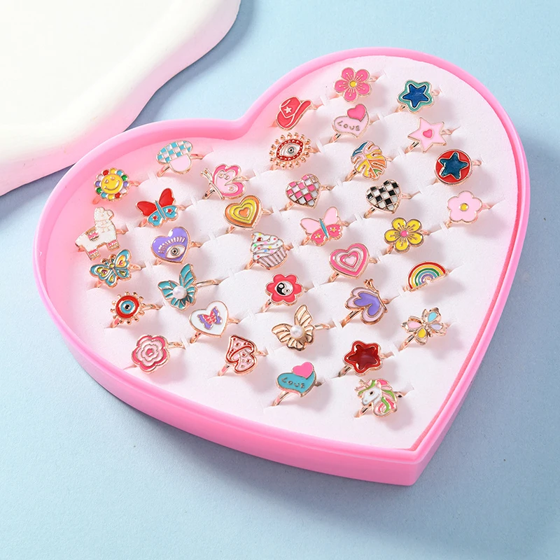 6/12/36 Uds anillos ajustables para niñas juego de simulación juguetes de maquillaje para niños joyería de dibujos animados anillos de aleación regalos de cumpleaños para niñas - imagen 5