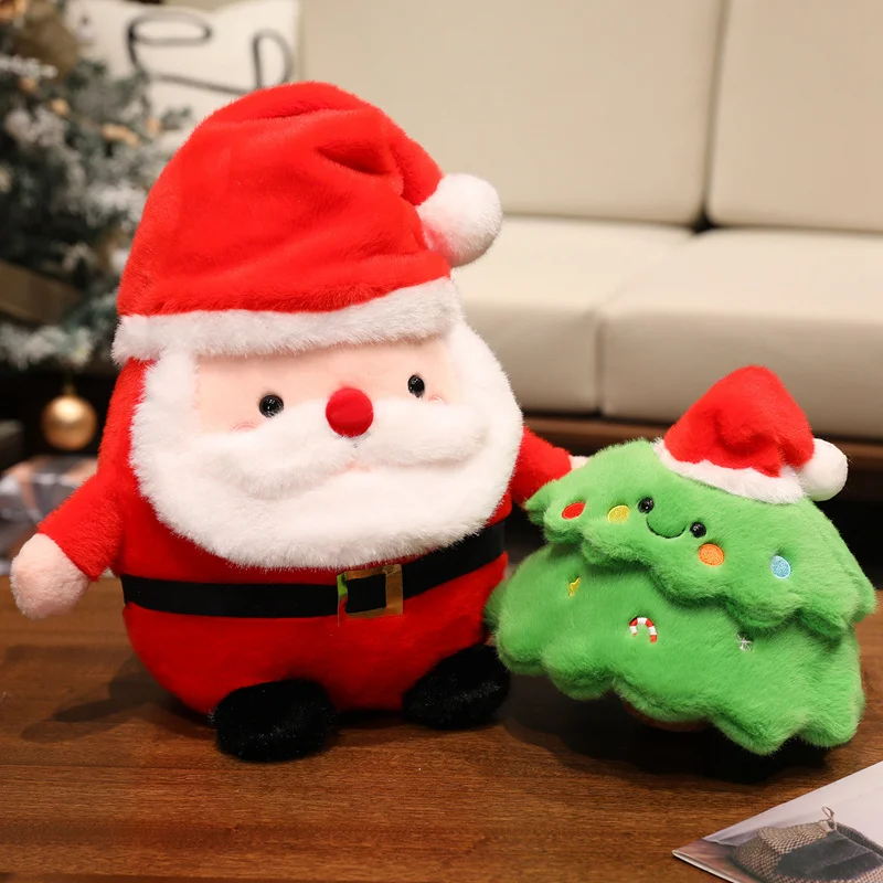 Cojín navideño de peluche suave – Papá Noel y árbol de Navidad