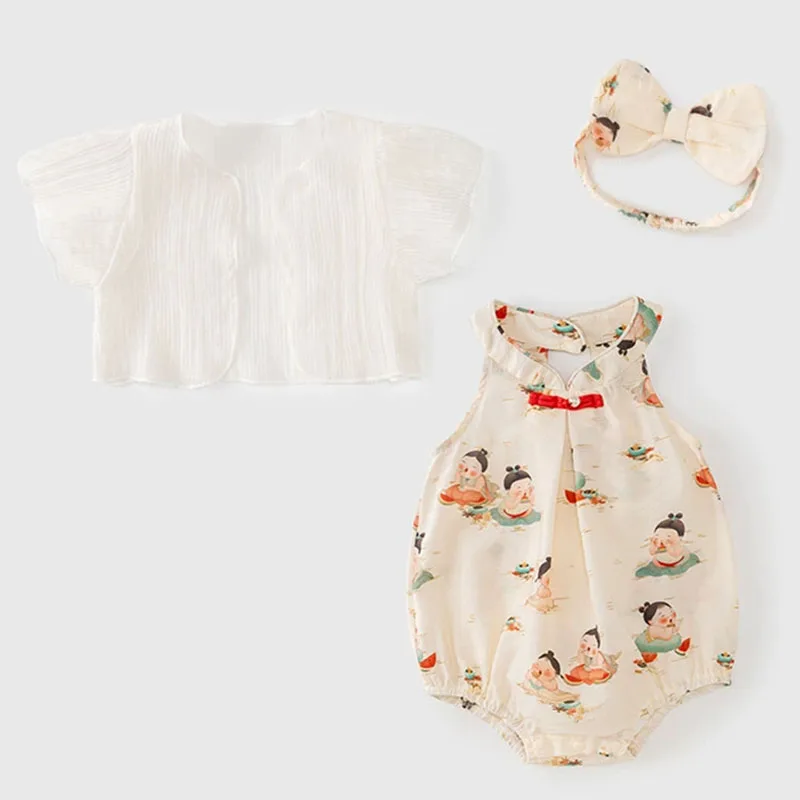 Conjunto de 3 piezas de ropa de verano para niñas recién nacidas, abrigo de algodón con estampado bonito de dibujos animados de estilo chino, mono sin mangas y banda para el pelo, cosas para bebés B029 - imagen 2