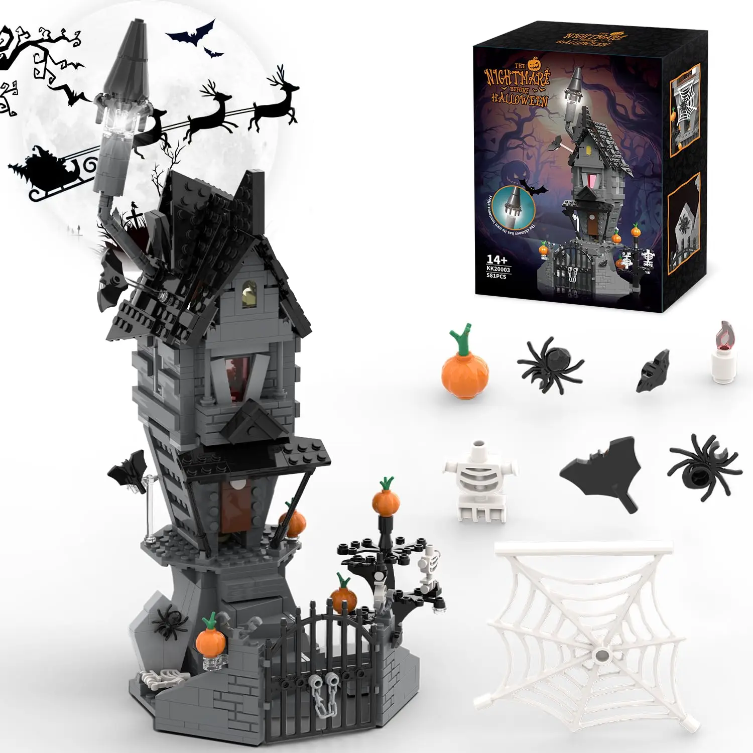 Bloques de construcción castillo de Halloween con calabaza y esqueleto
