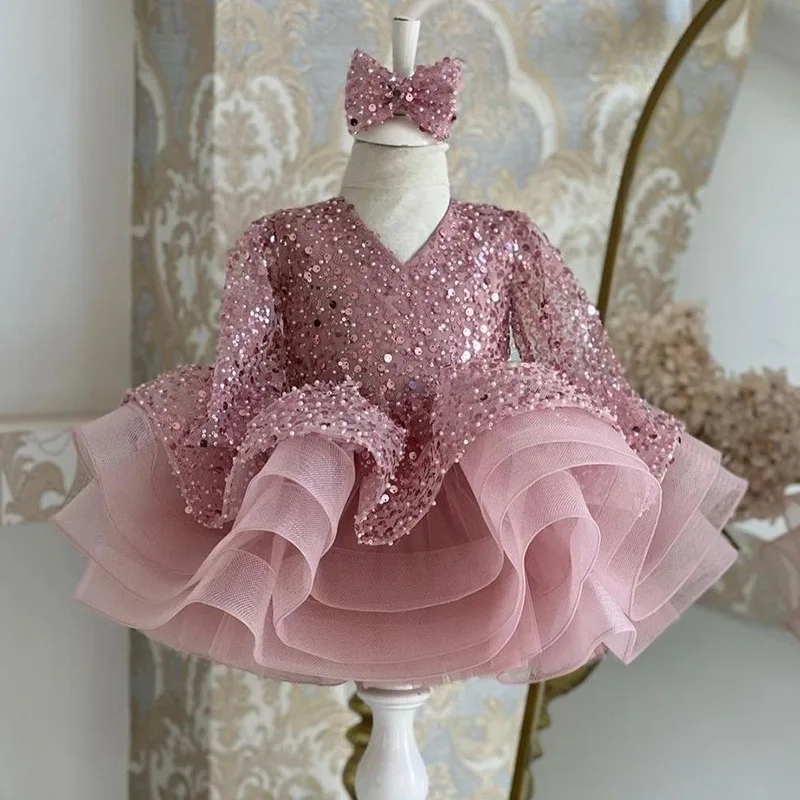 Vestido de princesa con lentejuelas rosas para niña, vestido formal de tul hinchado de manga larga para ocasiones especiales, vestido de lentejuelas para niña