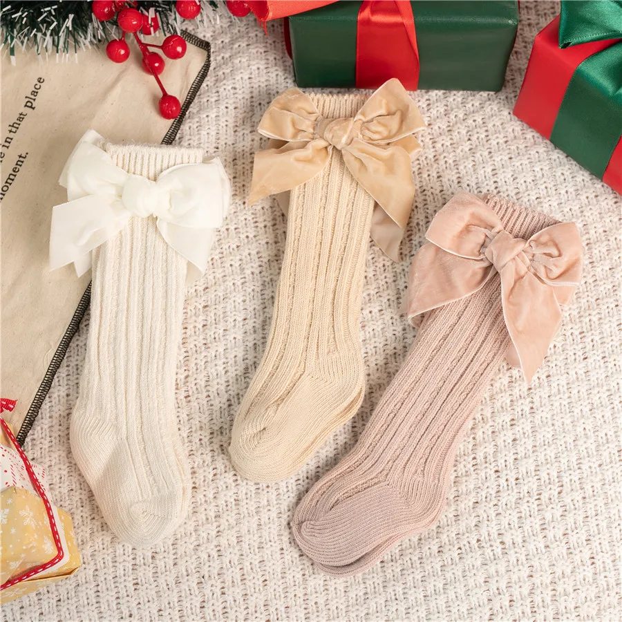 Primavera otoño, calcetines hasta la rodilla con lazo grande para niñas, calentadores de piernas sólidos de algodón para niños, calcetín largo de princesa para niños de 0 a 5 años - imagen 4