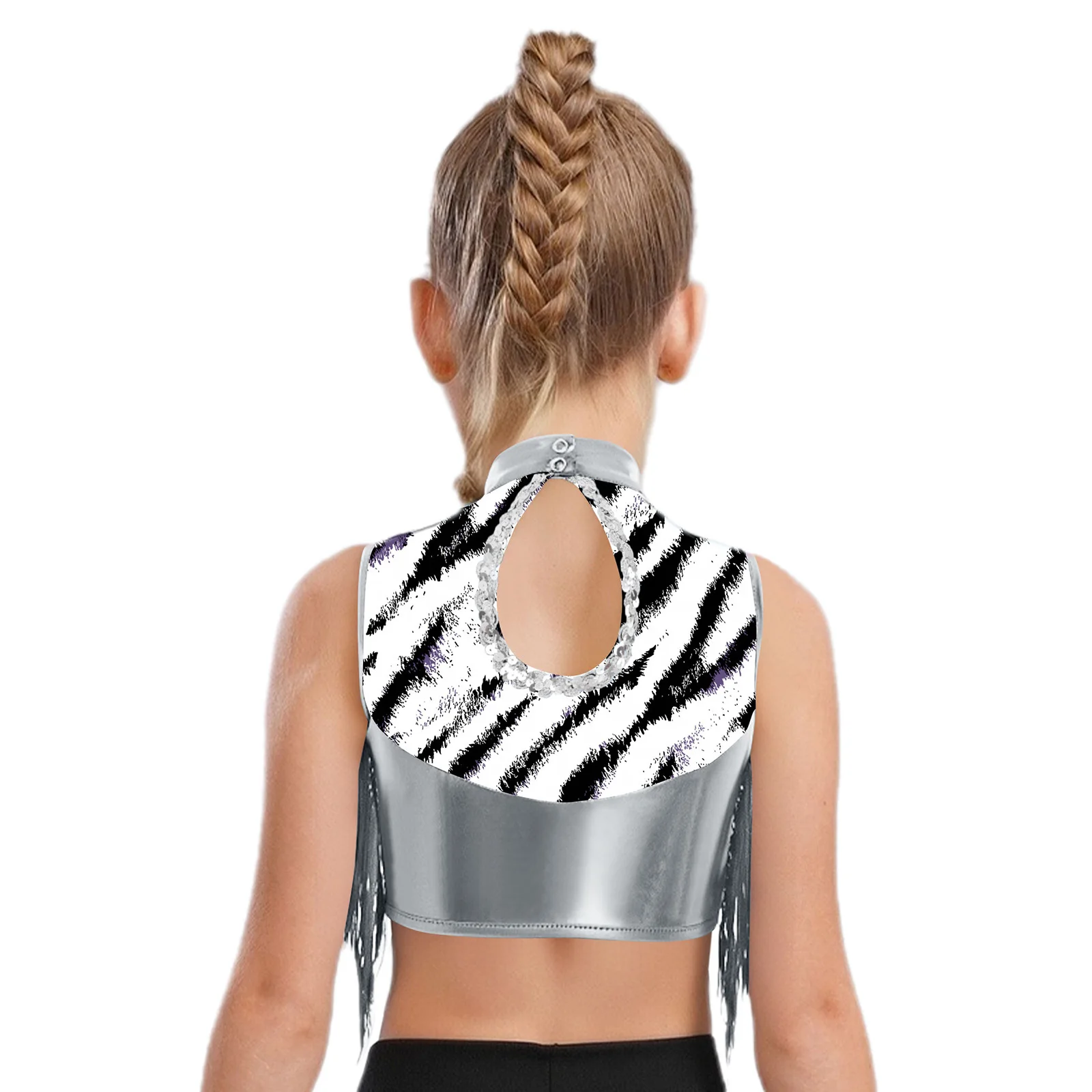 Traje de baile metálico con top y shorts para niñas – Estilo callejero - imagen 3
