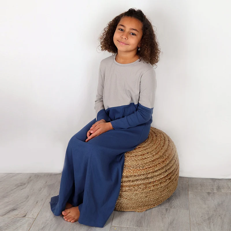 Camisón de manga larga para niña y mujer, ropa acanalada en contraste, vestido maxi informal de algodón, 2x2, verano y primavera - imagen 4