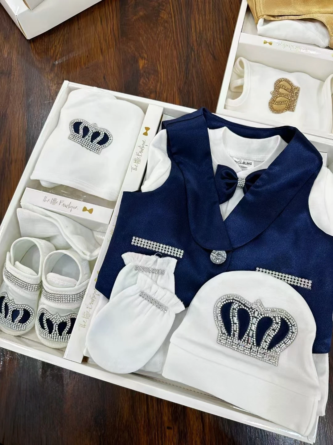 Nombre personalizado bebé Parajam trajes de bebé Blazer chaleco ropa para niños traje de cuerpo de bautizo mitones conjunto de manta receptora - imagen 2