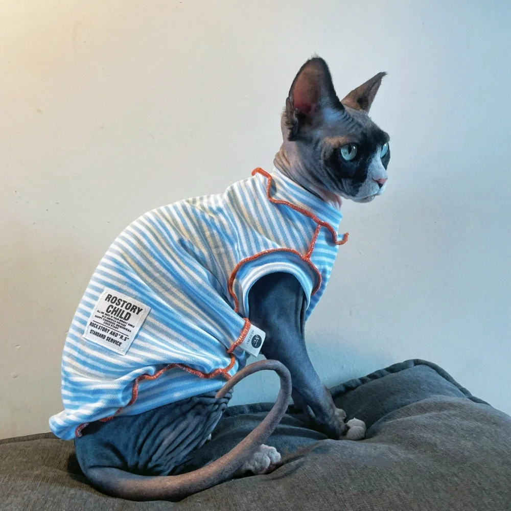 Camiseta de manga corta a rayas azules para gatos machos en primavera Mono de algodón dulce de verano para Devon Rex Chaleco de verano para gato Sphynx - imagen 4
