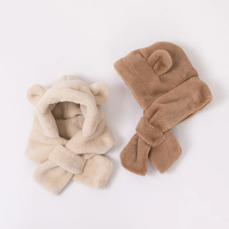 Gorros bonitos de oso para bebé, gorros, pañuelo, nuevo Otoño Invierno, gorro cálido de felpa sólido para niños, bufanda para exteriores, gorra para niño y niña de 0 a 3 años - imagen 2