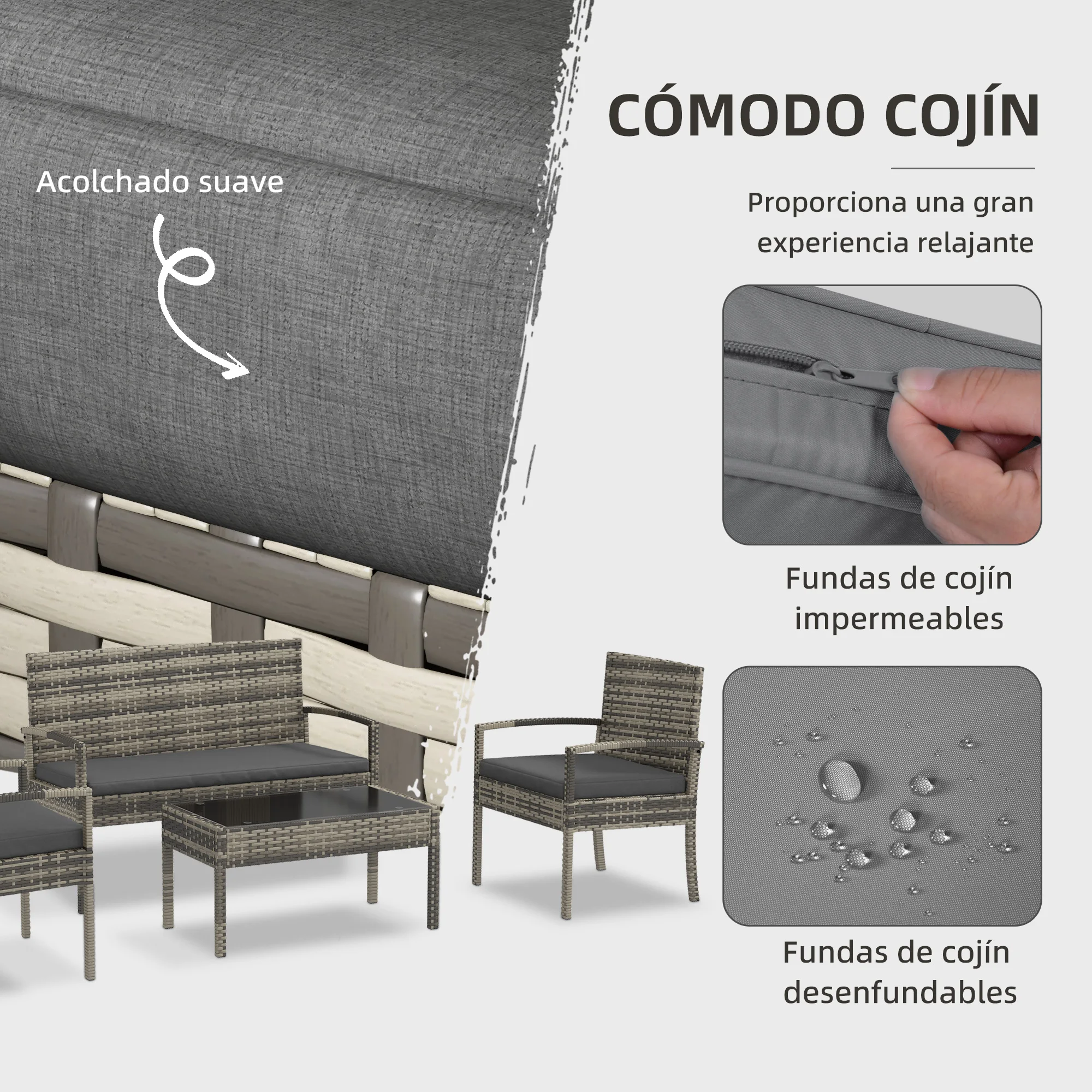 Outsunny Conjunto de Jardín de Ratán Sintético Juego de 4 Piezas Muebles de Jardín con 2 Sillones 1 Sofá de 2 Plazas y 1 Mesa de Centro de Tablero de Vidrio Anti-UV para Patio Gris - imagen 5