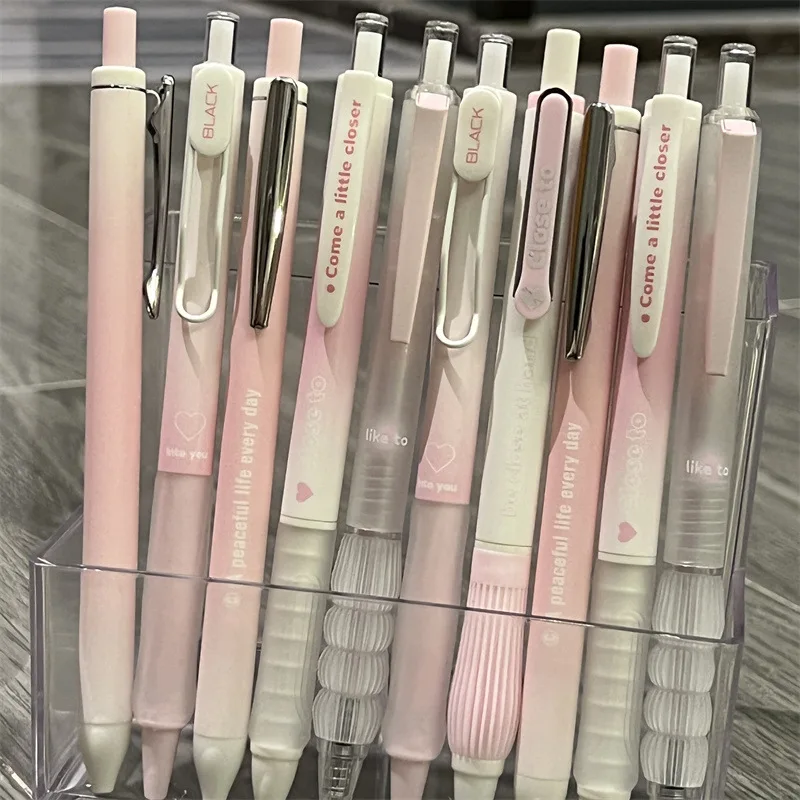 Bolígrafos de Gel retráctiles con rubor rosa elegante, tinta negra de punta fina de 0,5mm, perfecto para uso diario en la oficina, suministros de escritura suaves, 5 uds.