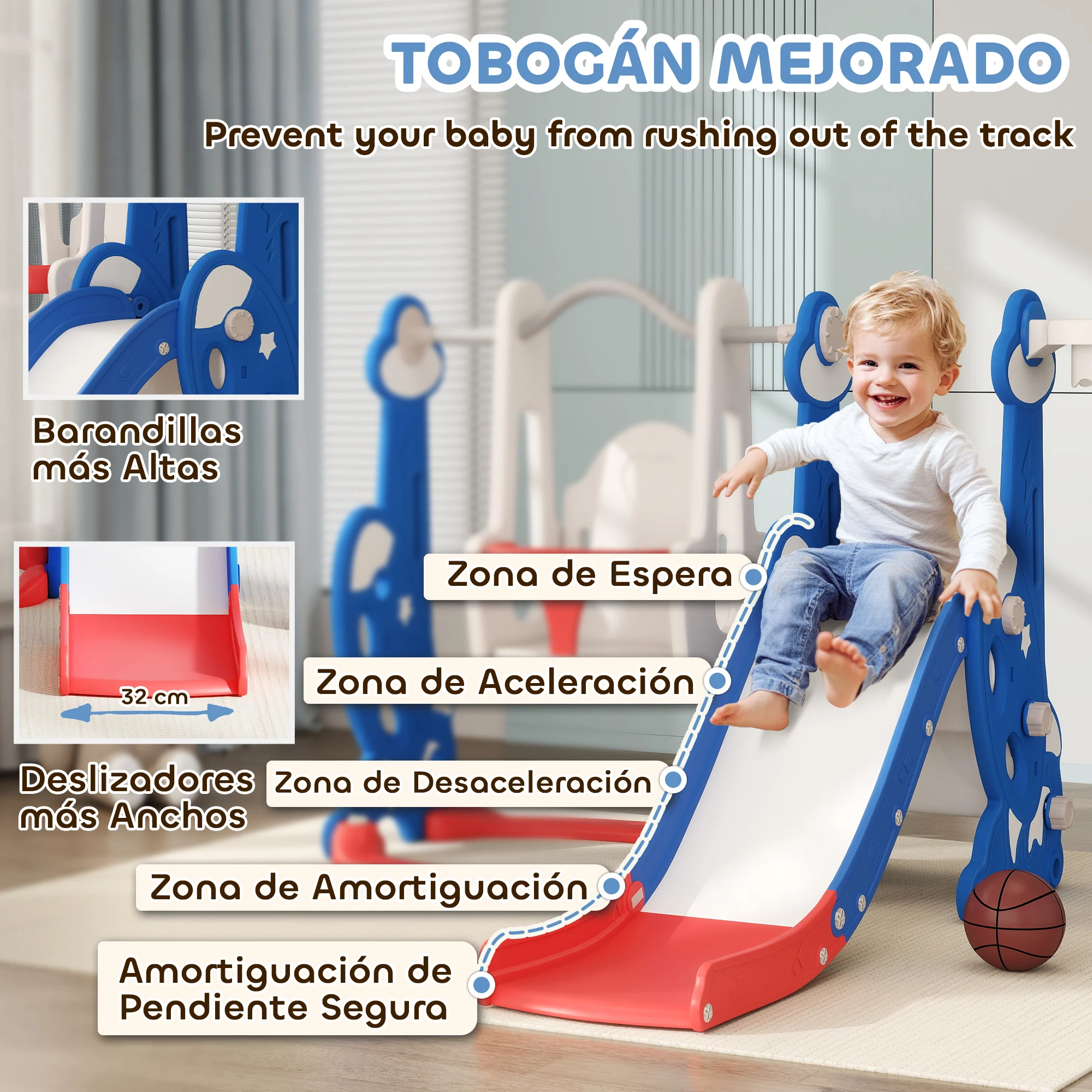 AIYAPLAY Tobogán Infantil 4 en 1 Parque Infantil con Columpio y Tobogán Escalador Aro de Baloncesto Temática de Cohete para Interior Multicolor - imagen 5