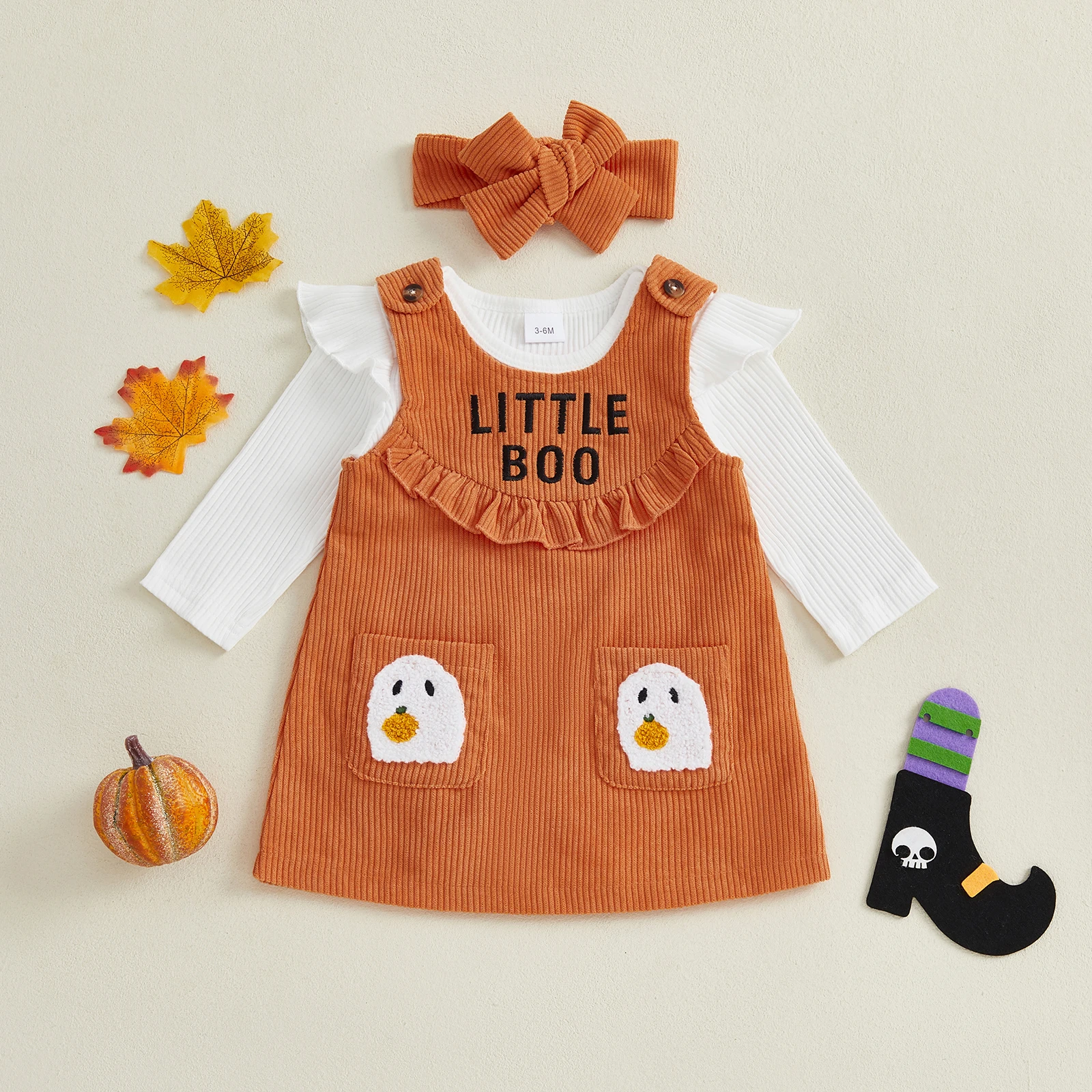 VISgogo-ropa de Halloween para niña de 0 a 18 meses, pelele liso de manga larga con bordado de fantasma, vestido general, diadema, conjunto de 3 uds.