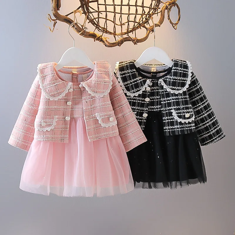 Ropa de primavera y otoño para niña, abrigo con cuello de muñeca a cuadros a la moda coreana + vestido de malla sin mangas, trajes de Boutique para bebé BC133, 2 piezas - imagen 2