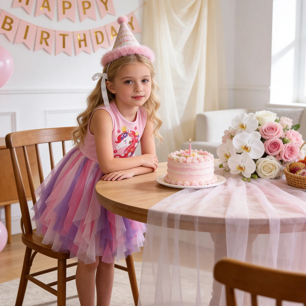 DXTON Vestido de algodón y tul para niña – Unicornio sin mangas - imagen 3