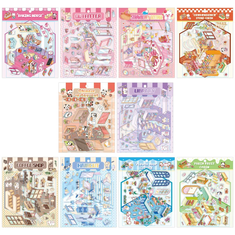 Pegatinas de cuentas de mano con paisaje de cuento de hadas de dibujos animados, paisaje en miniatura, juego de pegatinas de casa 3D coloridas para papelería - imagen 2