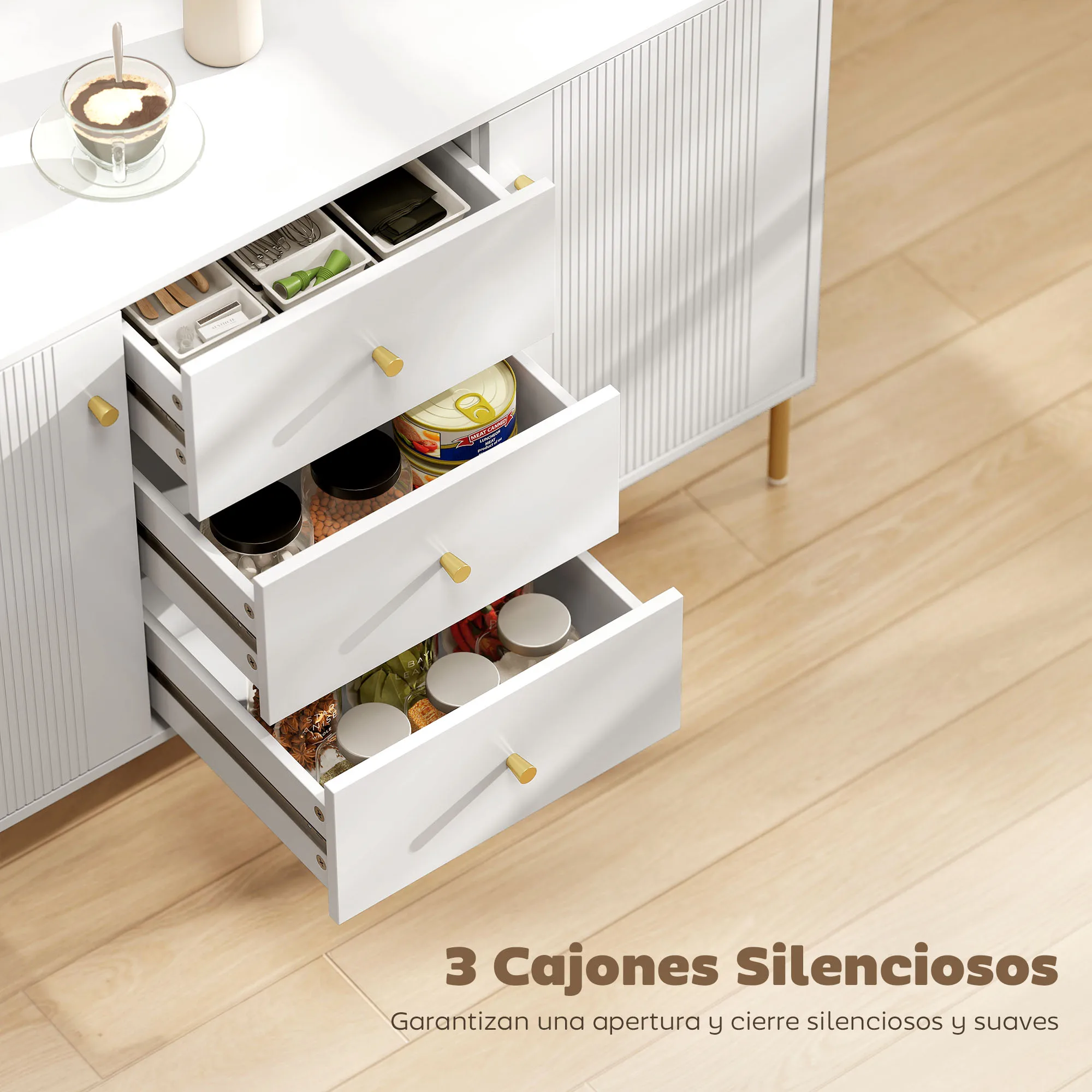 HOMCOM Aparador Moderno de 2 Puertas, Aparador de Salón con 3 Cajones, Estantes Ajustables, Encimera con Efecto Mármol, Patas de Acero, para Cocina, Entrada, Dormitorio, Blanco, 120x39,1x76 cm - imagen 4