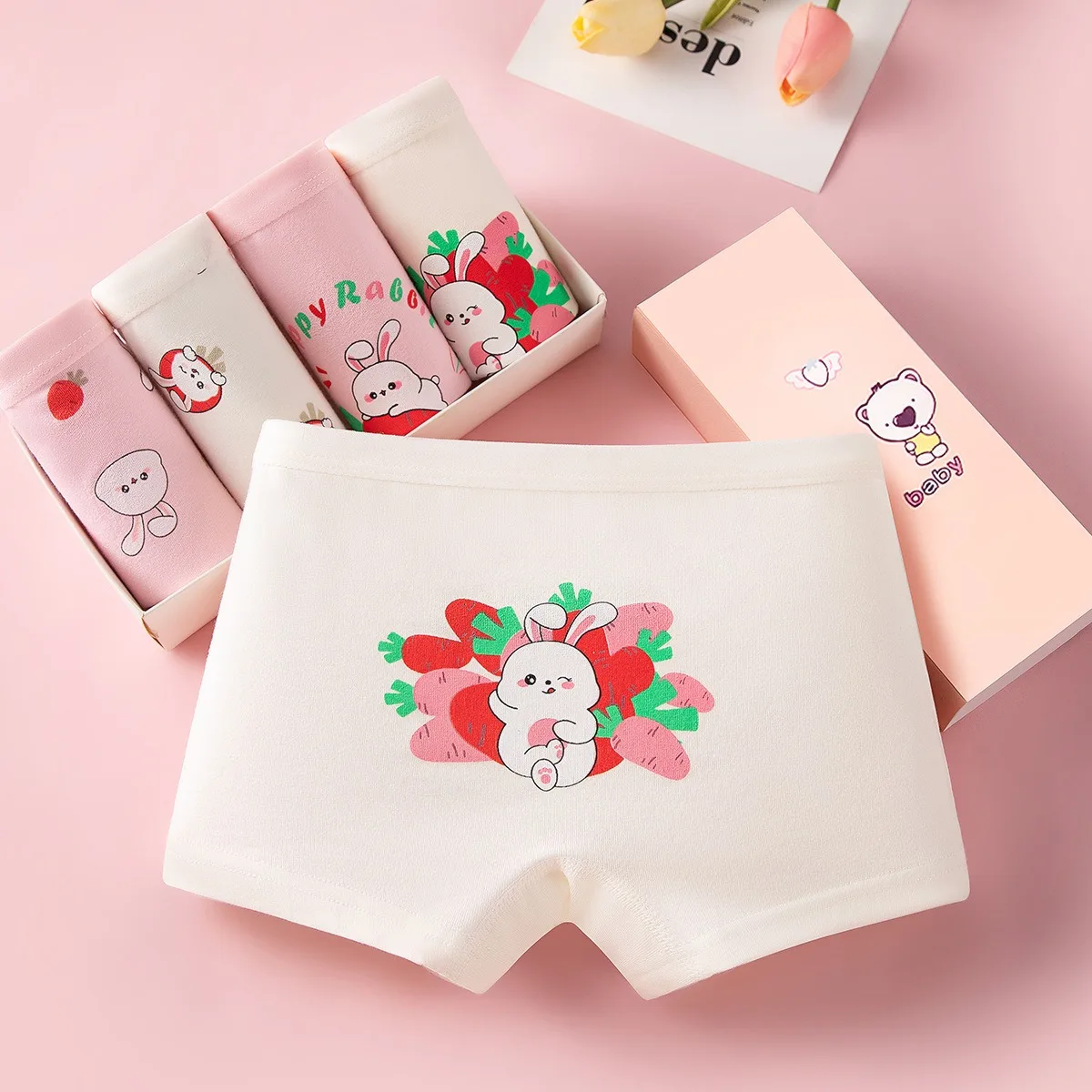 4 Uds. Bragas de algodón suave para niñas, Boxer para niños que no se decolora, pantalones cortos con estampado de conejo bonito, ropa interior transpirable para niños, Boxers - imagen 3