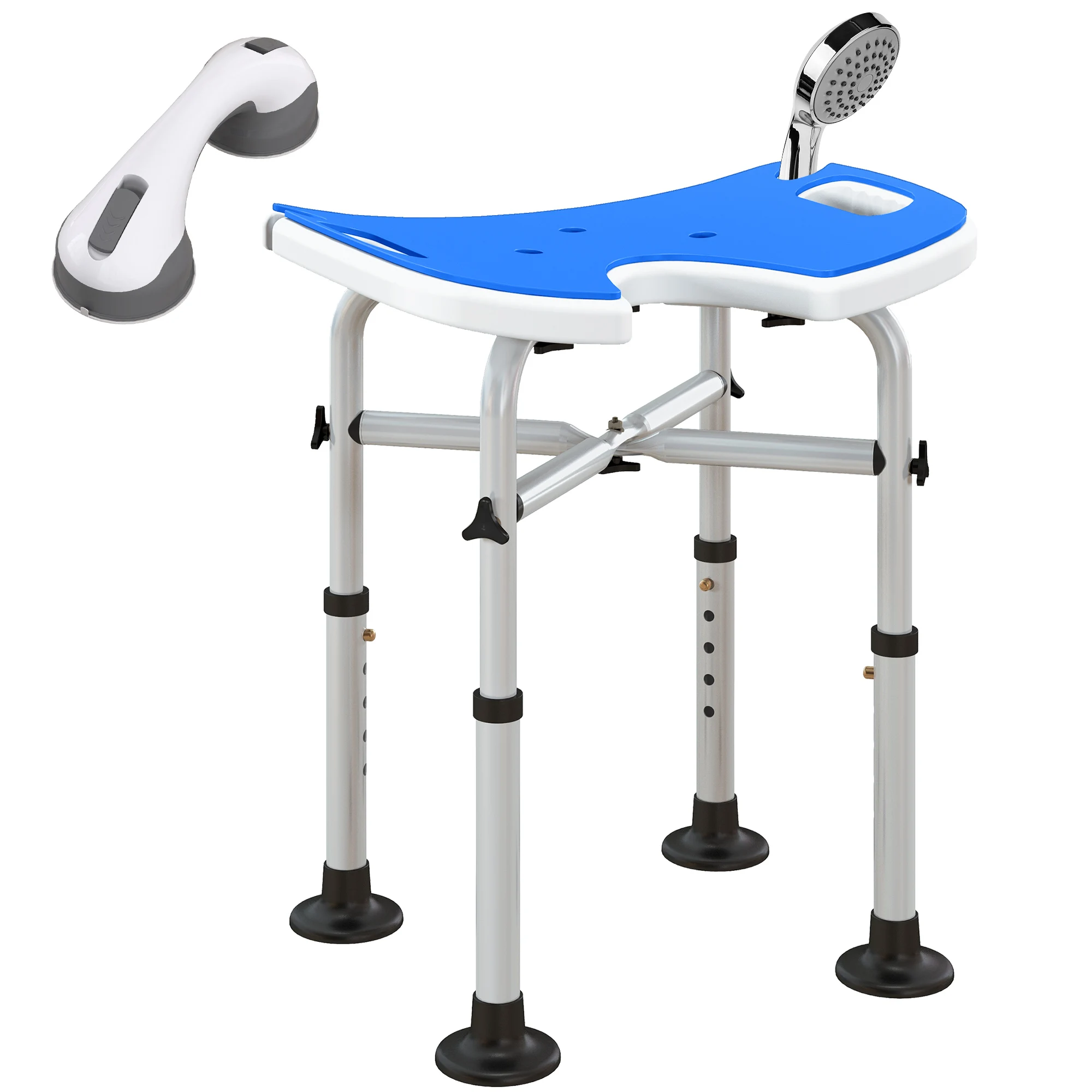 HOMCOM Taburete de Ducha Silla Ducha Personas Mayores Antideslizante Silla para Ducha con Barra de Agarre por Ventosas Altura Regulable y Asiento en Forma de U Carga 150 kg Azul - imagen 2
