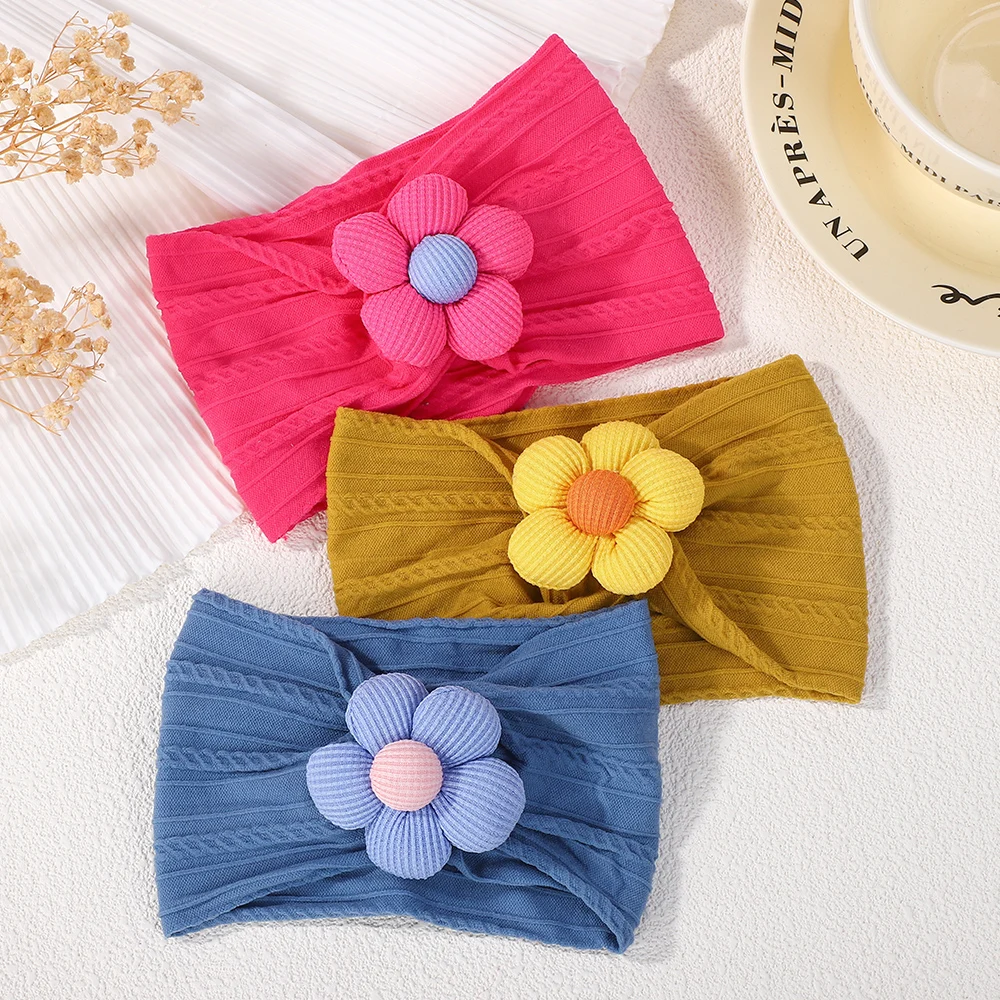 Conjunto de diadema para bebé de 3 uds., Cables de punto, turbante ancho, diadema de nailon elástico suave, accesorios para el cabello para recién nacidos y niños pequeños con flores