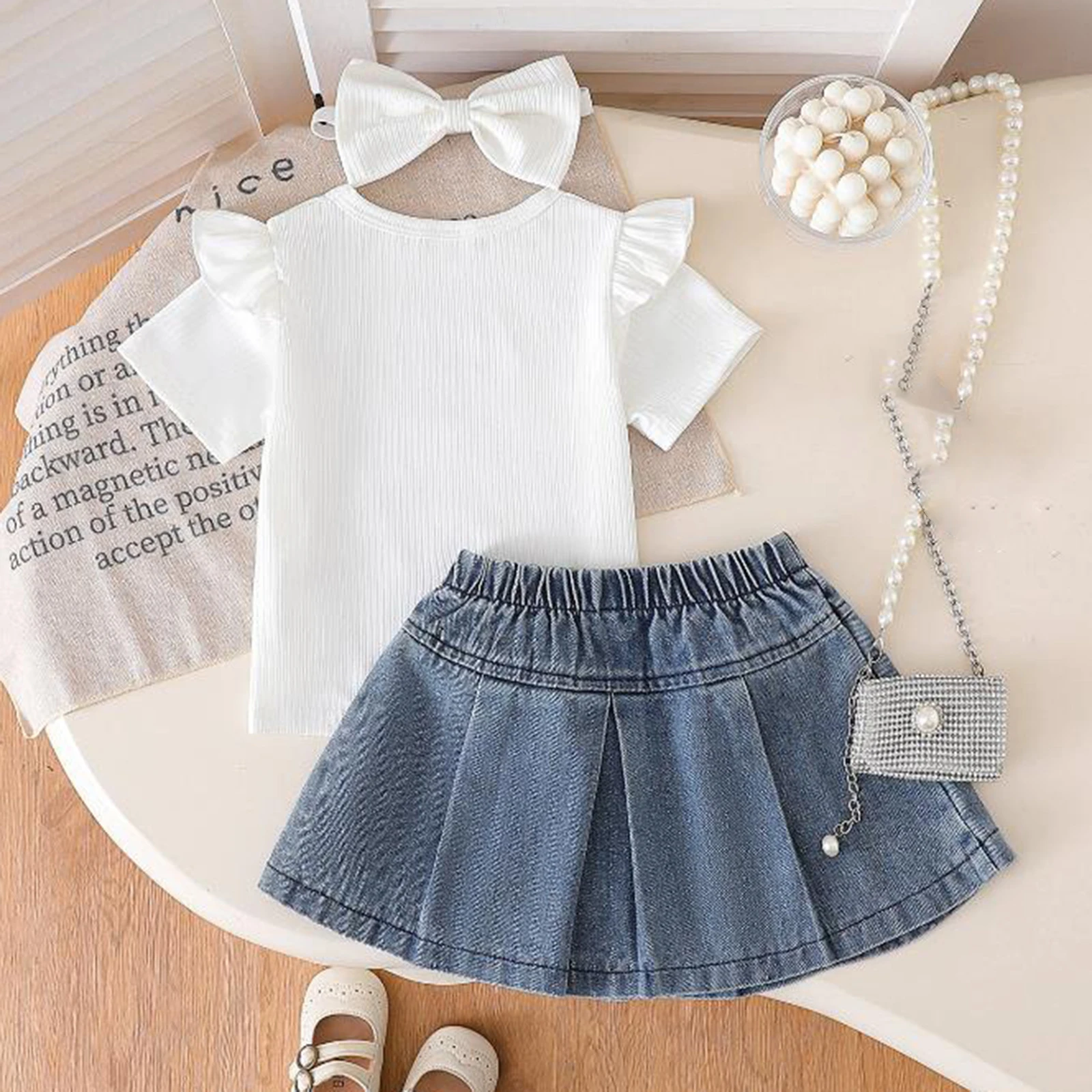 SUNSIOM-Conjunto de verano para niña, camiseta de manga corta con volantes de Color sólido y falda vaquera con lazo, conjunto con diadema, ropa informal bonita - imagen 2
