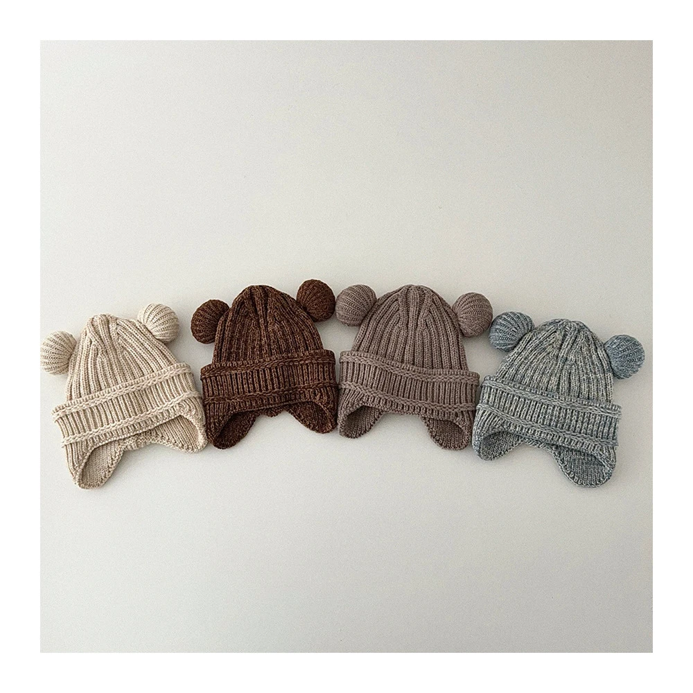 MILANCEL, nuevo gorro tejido de invierno para niños, gorro cálido acolchado de lana para niños, gorro con cabeza de oso de Color sólido, gorro grueso con protección para los oídos para niños