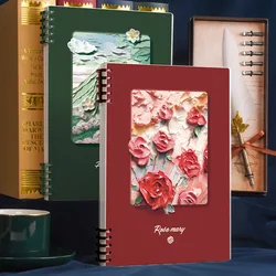 Cuaderno escolar de líneas A5 con cubierta al óleo y hojas sueltas