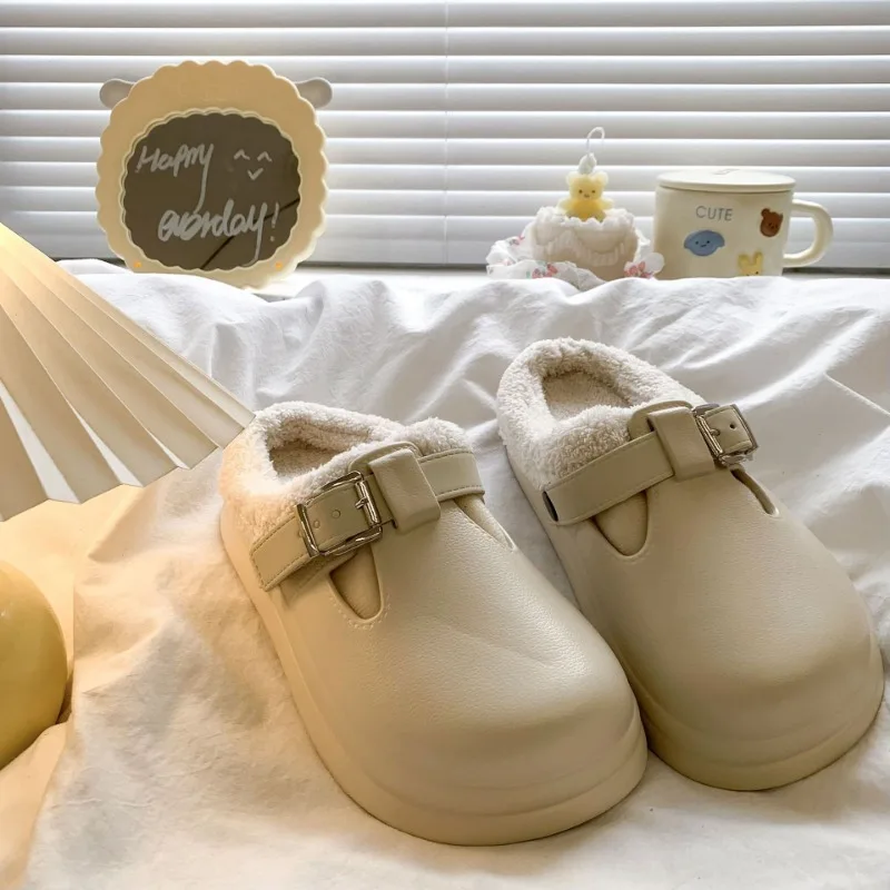 Zapatillas de calle de interior impermeables para mujer, bonitos dibujos animados, perro DIY, zapatos de casa para otoño e invierno, chanclas de algodón cálidas de felpa para el hogar - imagen 5