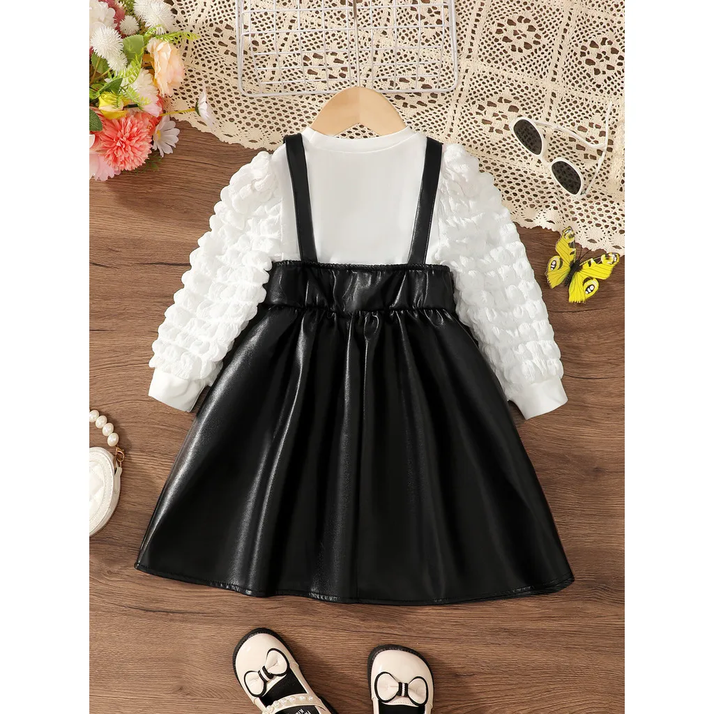 Conjunto de falda para niña, Top blanco de manga larga + falda de cuero negro, vestido coreano de moda para niñas de 4 a 7 años, 2 uds. - imagen 5