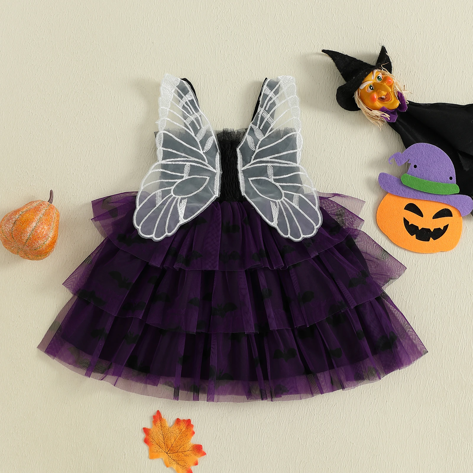 VISgogo Vestido de Halloween para niña de 1 a 4 años, vestido de tul en capas con alas de mariposa y cuello cuadrado ahumado de murciélago/fantasmo sin mangas