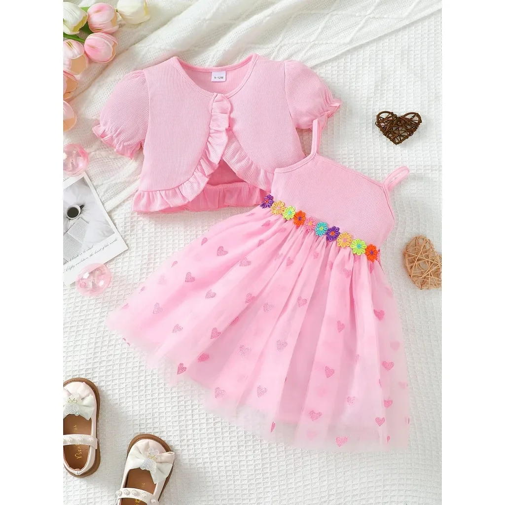 Conjunto de ropa de 2 uds para niña pequeña de 0 a 3 años, cárdigan de manga corta + vestido de malla con cintura de flores y tirantes, trajes diarios dulces para bebé