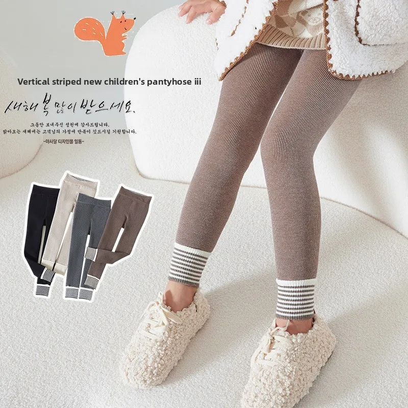 Leggings a rayas para niñas de estilo coreano de invierno y otoño: protección de cintura gruesa con forro polar, corte ajustado, versátil para uso diario - imagen 4