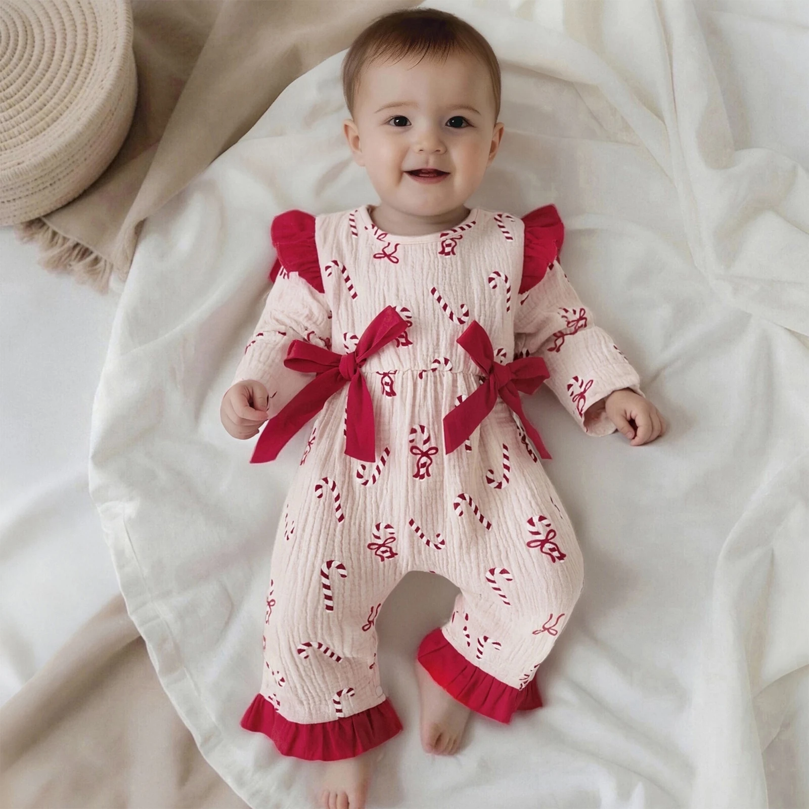 Suefunskry Mameluco de Navidad para bebé niña con volantes, manga larga, cuello redondo, estampado de bastón de caramelo, mono con decoración de lazo - imagen 4