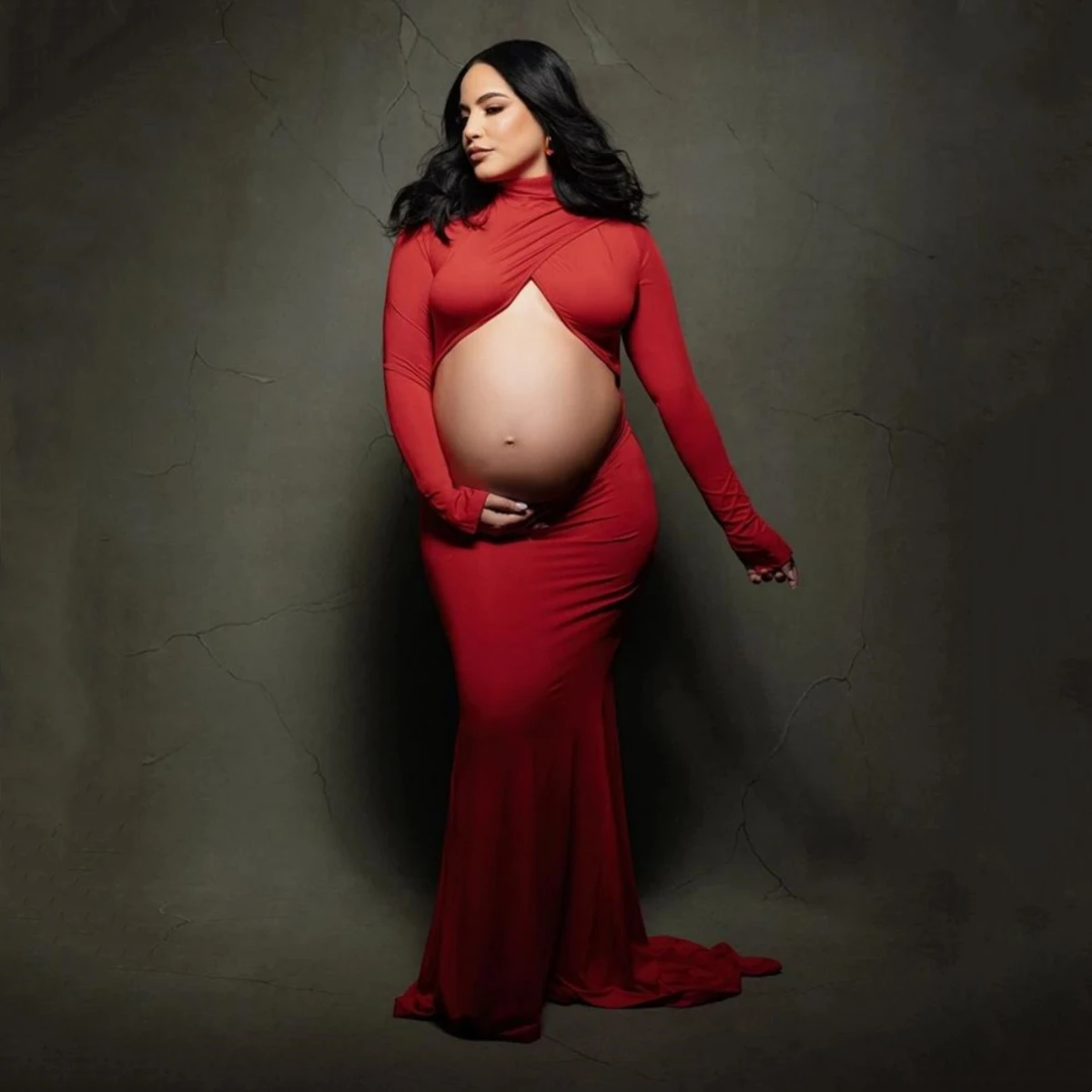 Vestido largo maternidad cuello alto elástico con cola – Sesión fotos - imagen 3
