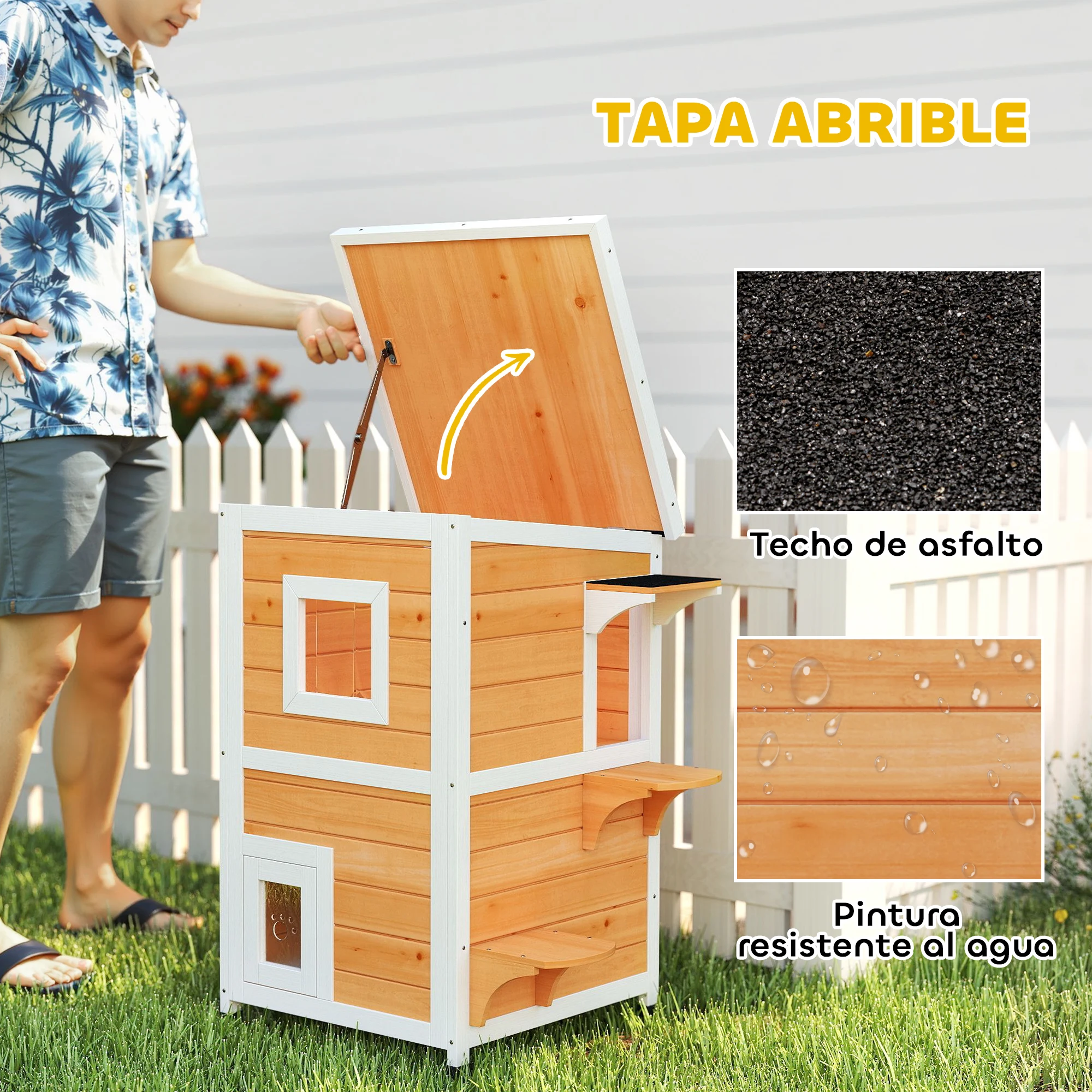 PawHut Caseta para Gatos de Madera Exterior, Casa para Gatos de 2 Niveles con Techo Abatible, Panel Central Extraíble, Ventanas, Puertas, para Terraza, Balcón, Jardín, 51x51x81,3 cm - imagen 5