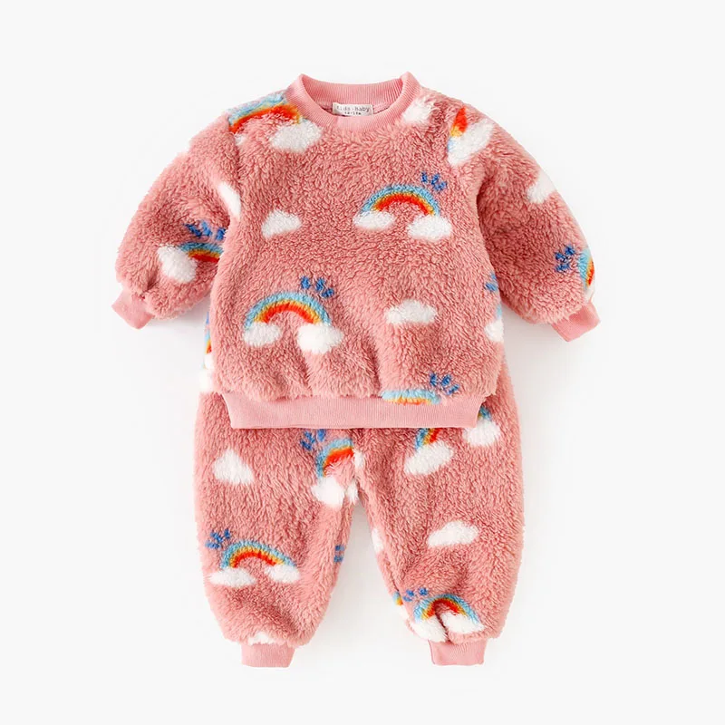 MILANCEL nuevo conjunto de pijama de invierno para niños 9M-5Y dibujos animados Arco Iris niñas ropa gruesa para el hogar patrón de nubes cálidas ropa de casa para bebés 2 uds - imagen 2