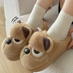 Zapatillas peludas de perro enojado para interiores para mujeres y hombres, zapatos cálidos para casa, chanclas de algodón para el suelo del hogar con dibujos divertidos de felpa suave para parejas