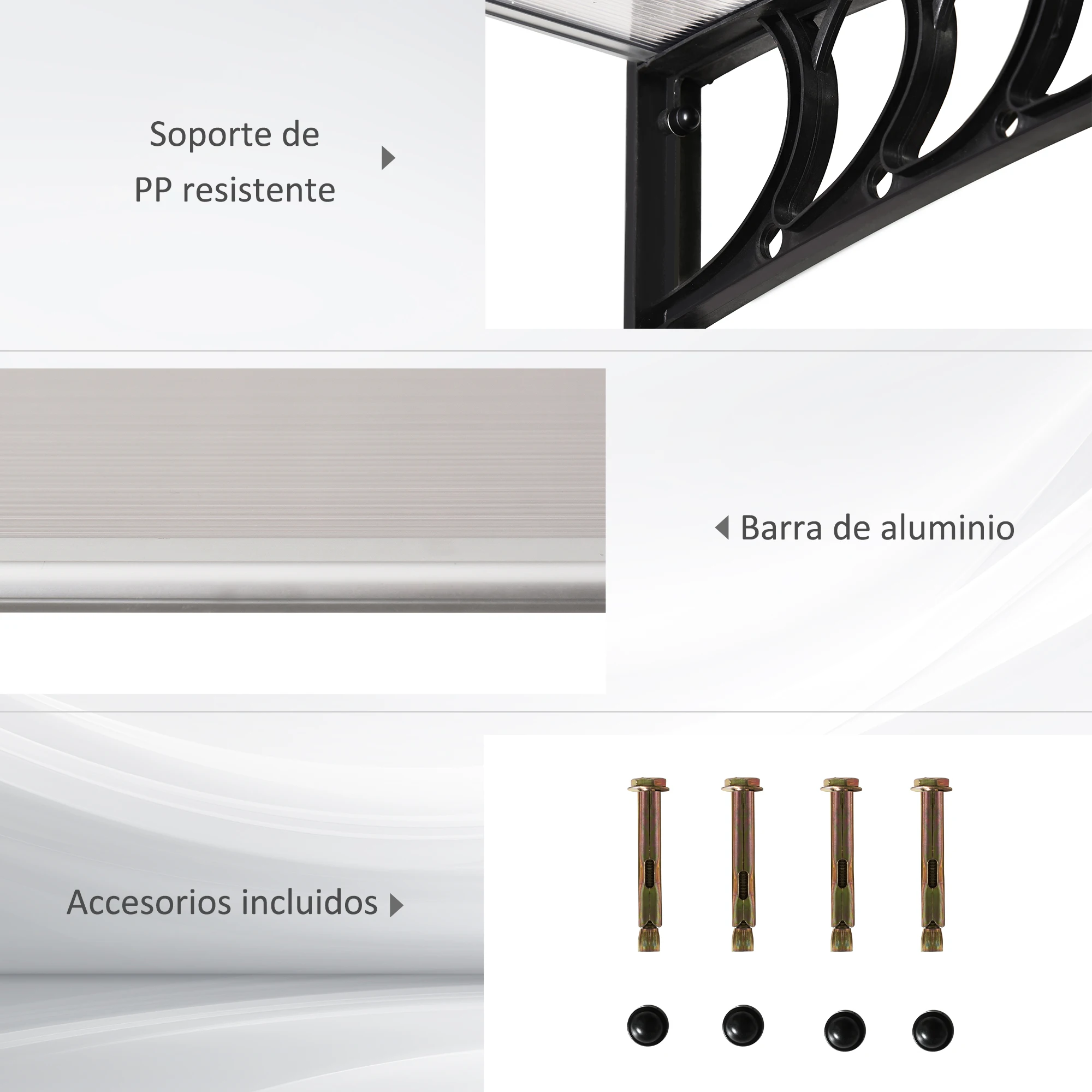 Outsunny Tejadillo de Protección para Puertas Ventanas contra Sol y Lluvia Marquesina de Techo Diseño Moderno Aleación de Aluminio Duradero 122x89x24 cm Transparente - imagen 5