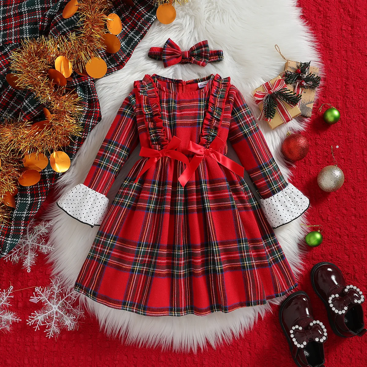 Ropa de lujo de invierno para niñas, vestido de princesa a cuadros + diadema, vestidos de fiesta, traje de Navidad para niños pequeños, ropa de bebé, BC825, 2 piezas - imagen 2