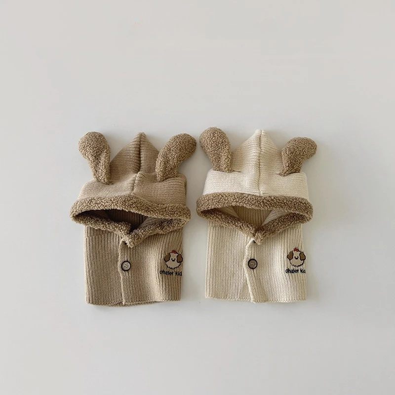 Gorro y bufanda de estilo coreano para niños, conjunto de invierno 2 en 1, gorro tejido con orejas de perro y Animal, calentador de cuello, pasamontañas cálido para niños pequeños