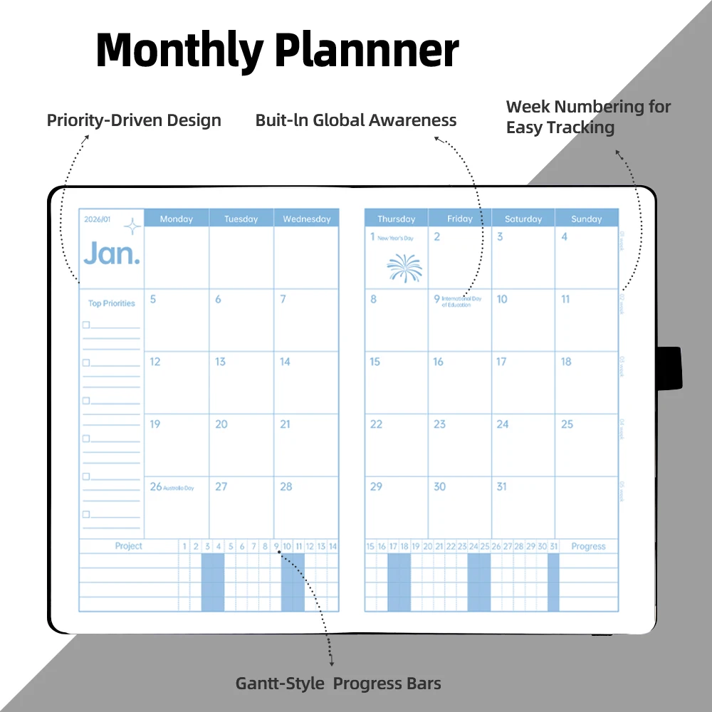 Planificador mensual semanal de cuero PU de primera calidad, agenda impermeable para gestión del tiempo, agenda con lista de tareas, configuración de objetivos, 2026 - imagen 4