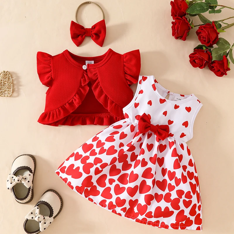 Conjuntos de 3 piezas de ropa de verano para niñas recién nacidas, Tops rojos de algodón sin mangas con estampado bonito, vestido con lazo y banda para el pelo, vestidos para bebés BC883
