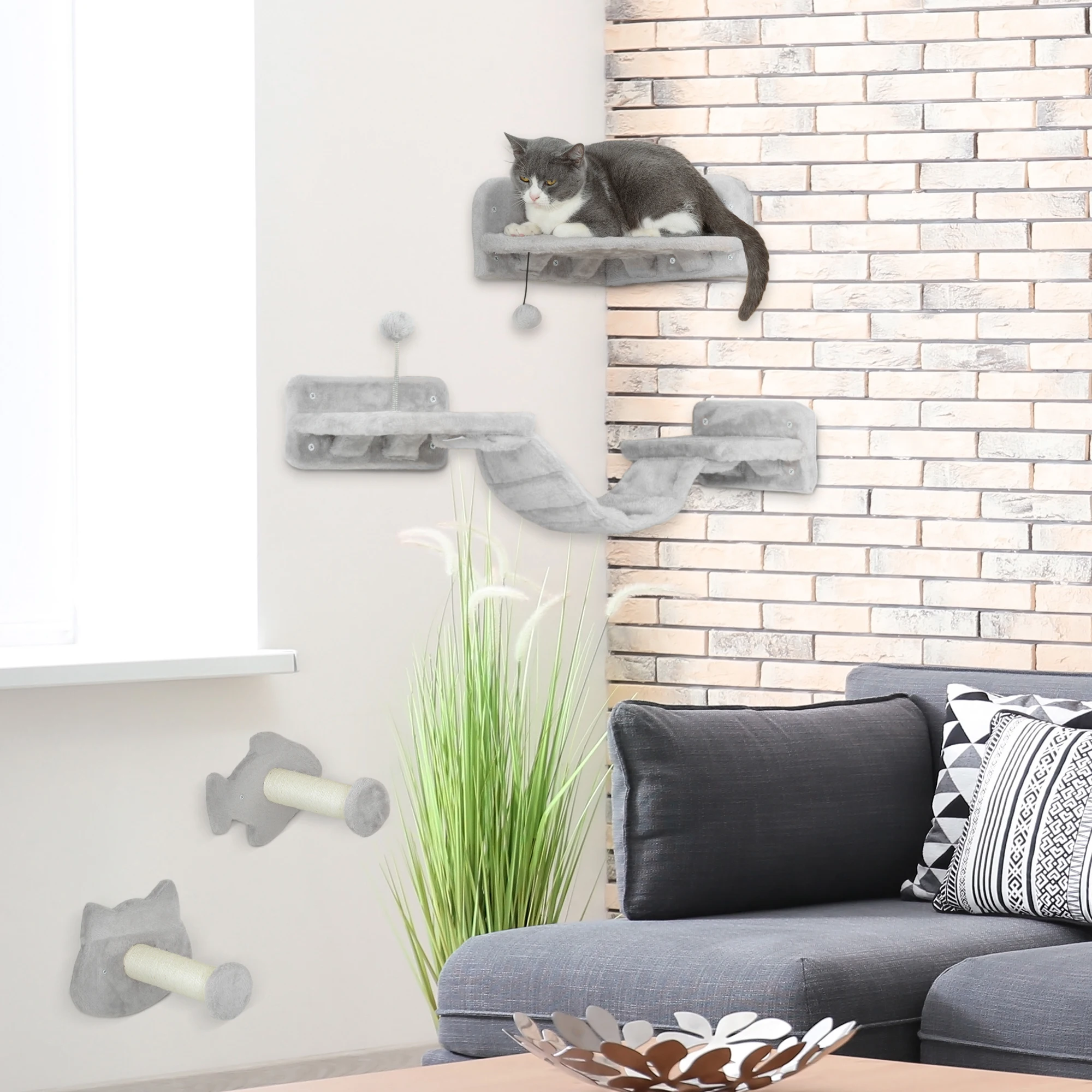 PawHut Juego de Estanterías para Gatos de 4 Piezas Rascador de Pared para Gatos con 2 Postes de Sisal Plataforma Doble con Escalera Suave y 1 Plataforma para Saltar Gris Claro - imagen 2