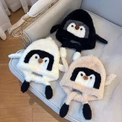 Gorro de pingüino con orejas esponjosas y cierre de cordón invierno